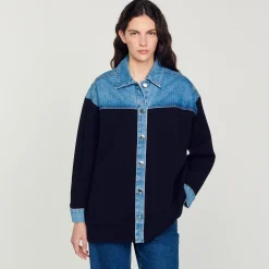 Cardigan Bimateriale Stile Giacca><noscript><img width=