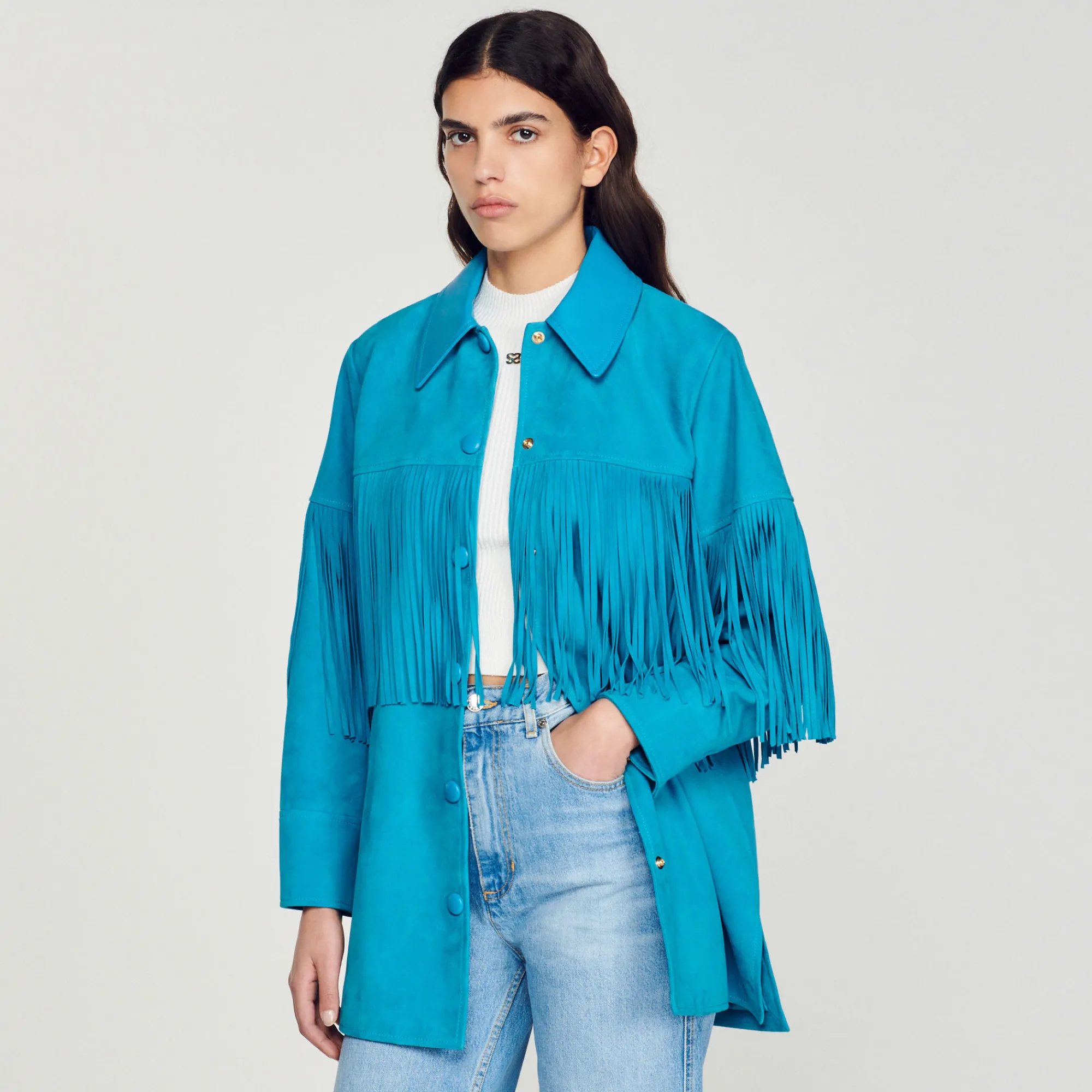 Giacca Lunga In Pelle Con Frange>Sandro Paris Shop