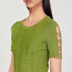Pullover Corto In Maglia Metallizzata><noscript><img width=